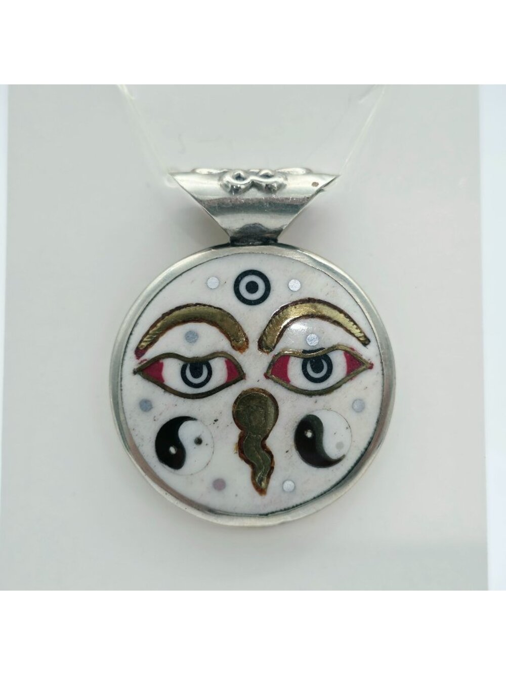 Tibet Tibetan Buddhist Silver & Yak Horn Amulet Eternal Knot & Buddha Eyes